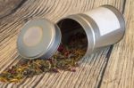 Silver Box With Tea Leaves	 Stock Photo