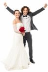 Joyous Newlywed Couple, Excited Guy Stock Photo