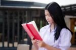 Asia Thai High School Student Uniform Beautiful Girl Read A Book Stock Photo