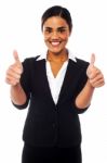 Attractive Woman Showing Double Thumbs Up Stock Photo