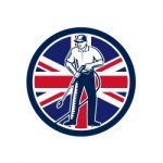 British Pressure Washing Union Jack Flag Circle Retro Stock Photo