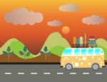 Side View Of Vintage Passenger Van Car With Mountain Background Stock Photo