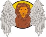 Winged Lion Head Circle Drawing Stock Photo