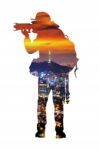 Double Exposure Portrait Of Photographer And City Skyline Stock Photo