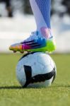 Soccer Player With Ball, Outdoors Stock Photo