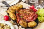 Bacon Rib And Potatoes. Farmhouse Style Meal Stock Photo