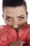 Young Attractive Woman Wearing Red Gloves Stock Photo