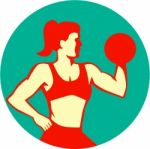 Female Lifting Dumbbell Circle Retro Stock Photo