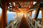 Gangway Or Walk Way In Oil And Gas Construction Platform, Oil And Gas Process Platform, Remote Platform For Production Oil And Gas, Construction In Offshore Stock Photo