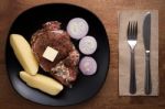 Raw Pork Steak Still Life On Wooden Stock Photo