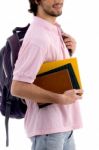 Young Man Holding Bag And Books Stock Photo