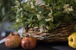 Basket With Strawberry Tree Branches Stock Photo