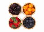 Fresh Summer Fruits, Cherry, Strawberry, Cape Gooseberry And Blu Stock Photo