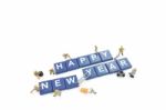 Miniature Worker Team Building Word Happy New Year On White Back Stock Photo