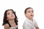 Children Looking Up Isolated On White Stock Photo