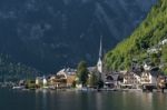 View Of Hallstatt From Hallstatt Lake Stock Photo