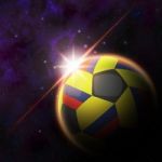 Colombia Flag On 3d Football With Rising Sun Stock Photo