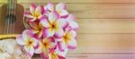 Pink Yellow And White Flowers Bunch Plumeria Or Frangipani In Va Stock Photo