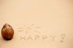 Inscription Of Word Happy With Exclamation Mark Written On Wet Y Stock Photo