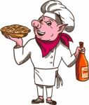 Pig Cook Pie Wine Bottle Cartoon Stock Photo