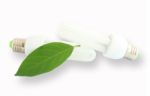 Energy Saving Lamp With Green Leaf On White  Stock Photo