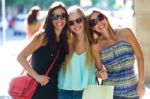 Group Of Beautiful Young Girls In The Street. Shopping Day Stock Photo