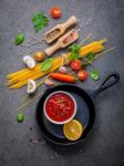 Italian Food And Menu Concept. Spaghetti With Ingredients Sweet Stock Photo