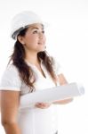 Architect With Helmet And Hardhat And Looking Upward Stock Photo