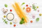 Ingredients For Homemade Pasta On Wooden Background Stock Photo