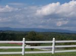 Mountains Trees White Fence Rural Landscape Stock Photo