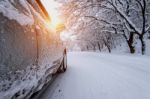 Car And Falling Snow In Winter On Forest Road With Much Snow Stock Photo