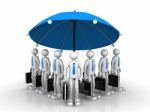 3d Business Team Standing Under A Big Umbrella Stock Photo