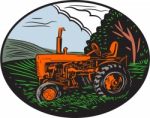 Vintage Tractor Farm Woodcut Stock Photo