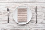 Empty Plate Napkin Fork Knife Silverware White Wooden Table Background Stock Photo