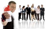 Young Guy Showing Sipper Bottle And His Team Standing On His Back Stock Photo