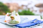 Vietnamese Spring Rolls With Vegetables And Coriander On A Plate Stock Photo