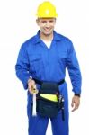 Worker Holding Measuring Tape Stock Photo