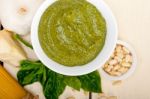 Italian Traditional Basil Pesto Pasta Ingredients Stock Photo