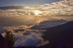 Sunrise And The Sea Of Fog In The Mountains Stock Photo