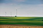 Green Environment. Eco Power. Wind Turbines Generating Electrici Stock Photo