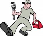 Plumber With Monkey Wrench And Toolbox Stock Photo