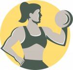 Female Lifting Dumbbell Circle Retro Stock Photo