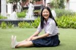 Portrait Of Thai High School Student Uniform Teen Beautiful Girl Happy And Relax, Stock Photo