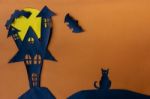 Happy Halloween With Haunted House Castle And Black Cat Stock Photo