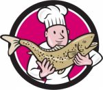 Chef Cook Holding Trout Fish Circle Cartoon Stock Photo