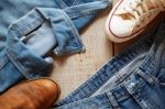 Jeans On A Wooden Floor Stock Photo