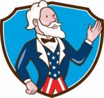 Uncle Sam Waving Hand Crest Cartoon Stock Photo