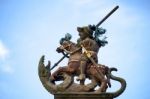 Statue On Top Of St. George's Fountain In Rothenburg Ob Der Taub Stock Photo