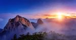 Bukhansan Mountains Is Covered By Morning Fog And Sunrise In Bukhansan National Park, Seoul In South Korea Stock Photo