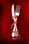 Cutlery With Ribbon Stock Photo